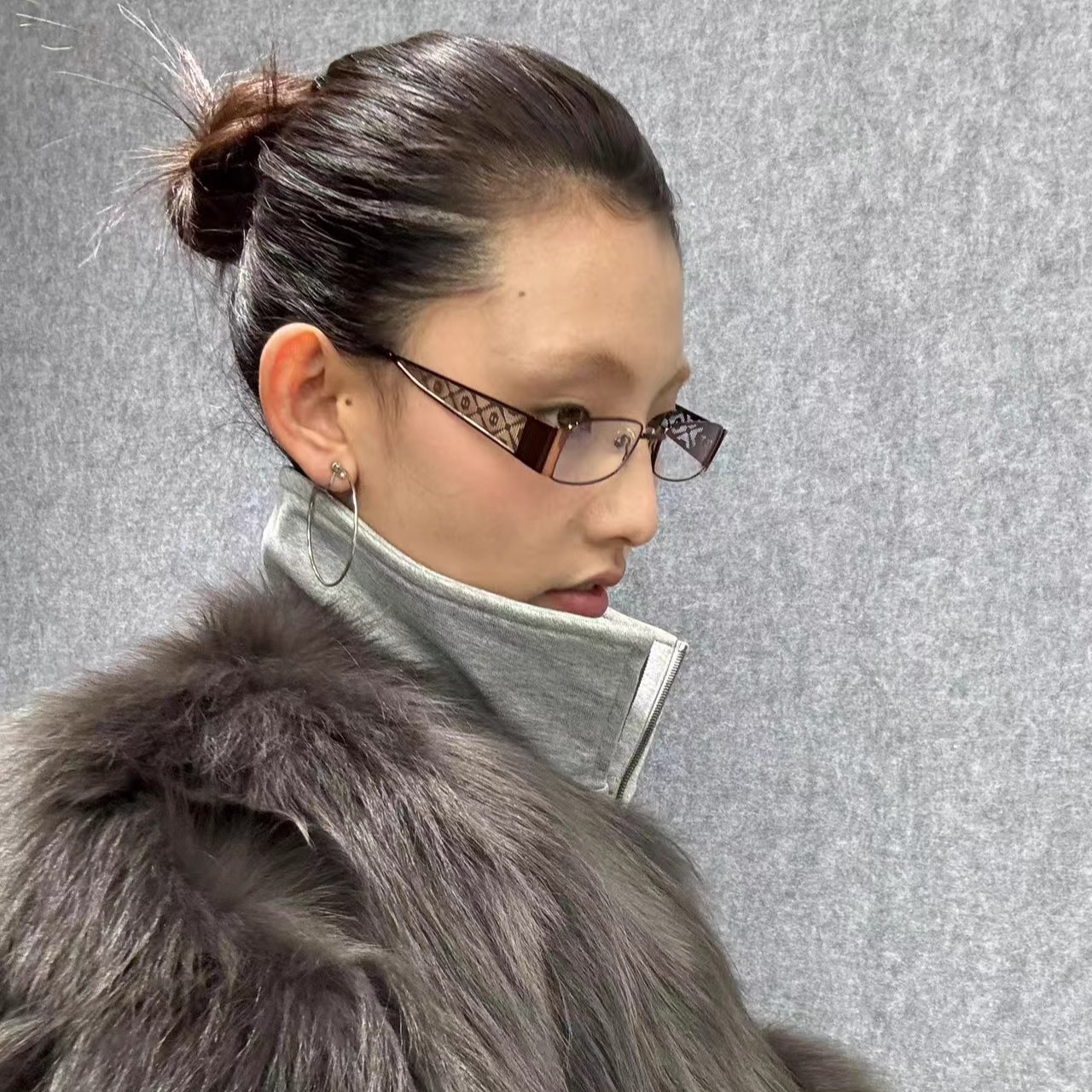 【原创自制】404的店复古金属茶色90s长方形镜腿几何棱形图案眼镜