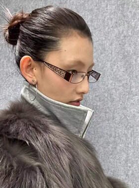 【原创自制】404的店复古金属茶色90s长方形镜腿几何棱形图案眼镜