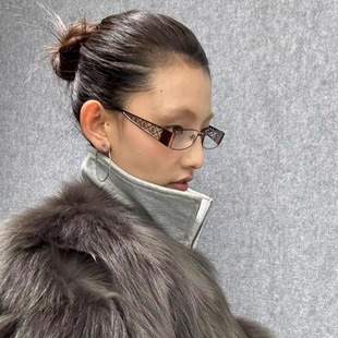 店复古金属茶色90s长方形镜腿几何棱形图案眼镜 404 原创自制