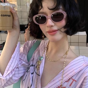 404 复古椭圆大框粉红色钻石墨镜板材框时髦显脸太阳眼镜 店韩版