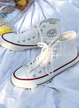 EVENSTAR圆标帆布鞋学生男女情侣鞋韩版ins休闲板鞋高帮复古潮鞋
