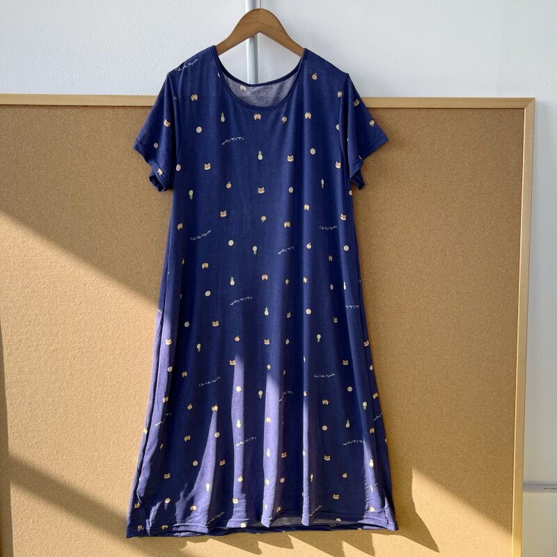 3n-1夏季凉感冰丝微透睡裙女士圆领短袖可爱卡通印花慵懒风Y25-12