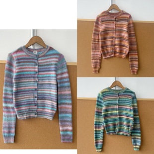 彩色撞色条纹外套H25 针织开衫 46秋圆领柔软舒适软糯糯长袖 西1