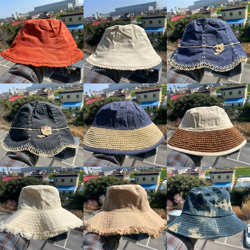 3S-89单面戴！森系牛仔钩针花朵装饰花边渔夫帽清新遮阳防晒Z26-3