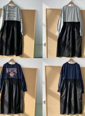 2F-65森系字母印花设计感可收腰气质百搭长袖假两件连衣裙Z26-1