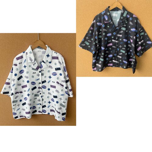 2n1-35薄翻领单排扣短袖衬衫满身印花图案宽松百搭休闲上衣Z25-9