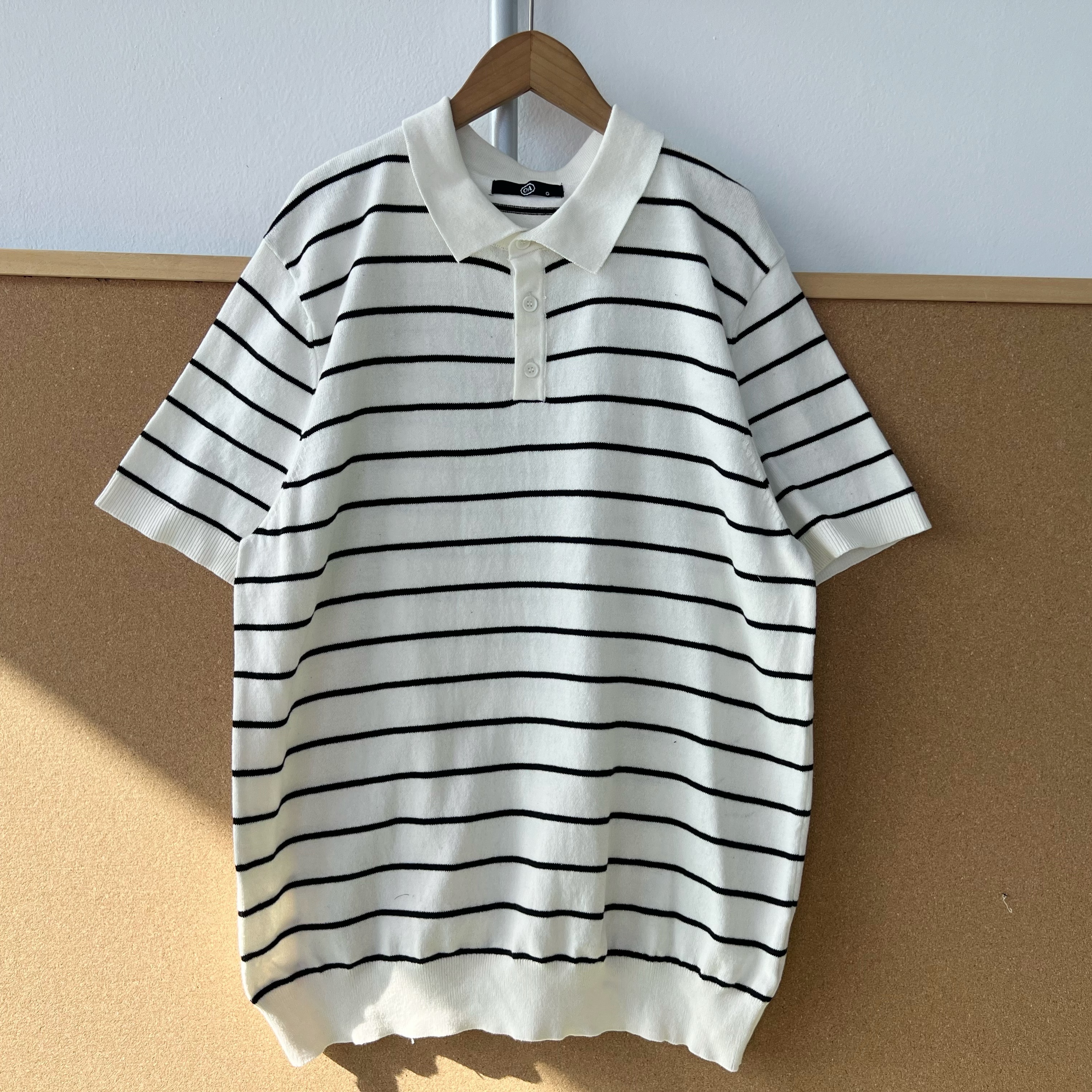 楼1-92含78%的棉!黑白条纹polo衫慵懒风短袖翻领针织半开襟H25-11