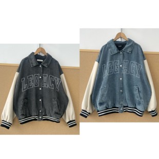 2J1-62复古字母刺绣撞色牛仔拼接棒球服春秋季翻领外套J26-8