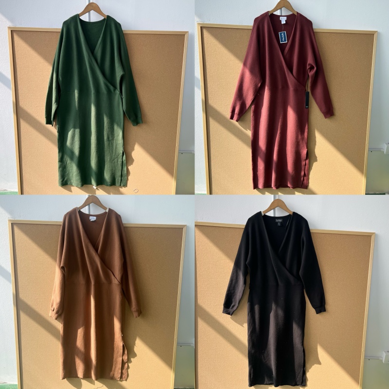 2n1-47韩系气质淑女范!交叉V领单边下摆开叉显瘦针织连衣裙Z25-11