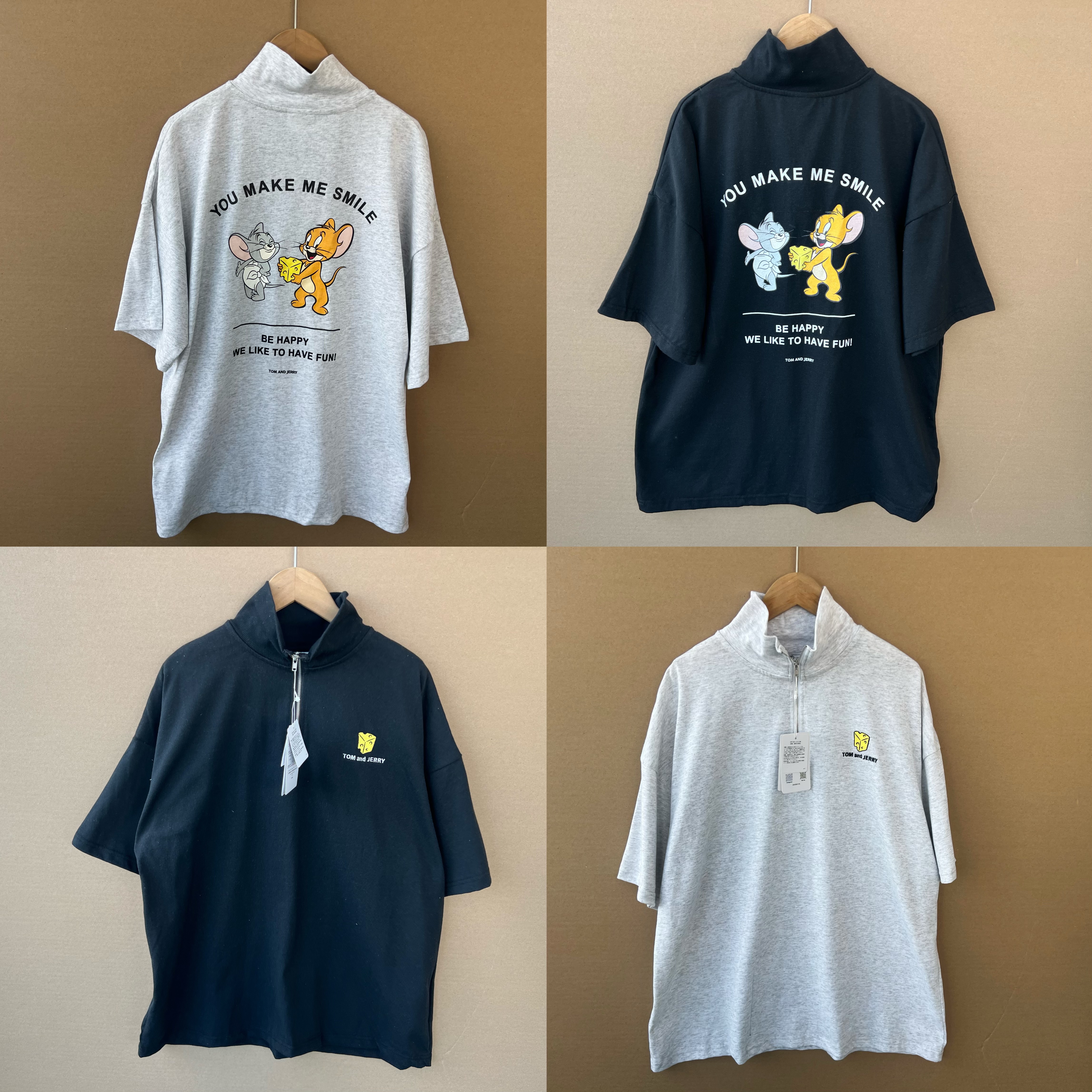 2I1-40日单猫和老鼠动漫卡通印花夏季宽松休闲立领短袖T恤H25-8