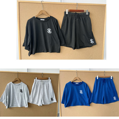 3O-6夏季新款刺绣字母套装女慵懒风短款T恤休闲运动短裤T26-4