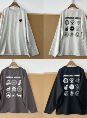 2Q1-78动物印花趣味图案长袖T恤慵懒风中长款内搭外穿上衣J26-2