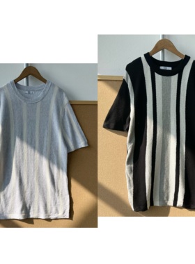 2S-106时尚设计粗条纹复古老钱风撞色圆领针织短袖百搭上衣H26-1