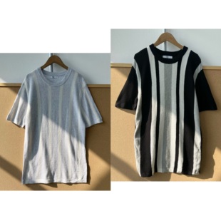 设计粗条纹复古老钱风撞色圆领针织短袖 百搭上衣H26 106时尚