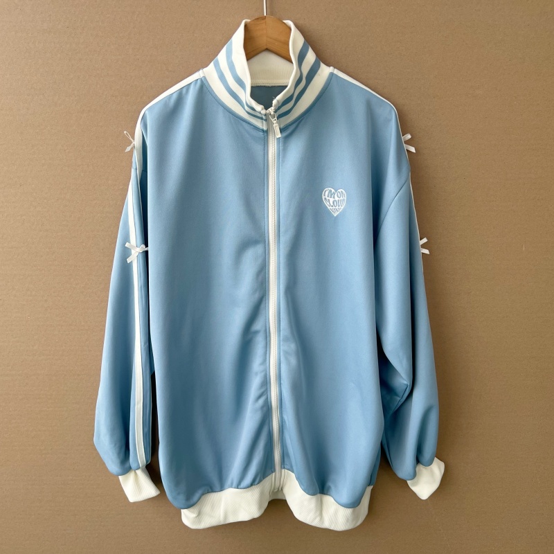2L1-7条纹立领撞色拼接蝴蝶结装饰爱心刺绣学院风男女外套Z25-9