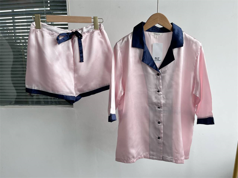 微瑕拼色开衫夏季睡衣家居服套装时尚舒适薄款翻领短袖韩版宽松Y7