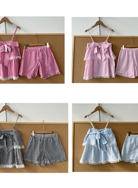 楼9A-13可爱蝴蝶结日单纯棉套装夏背心吊带短裤格子家居服Y25-12