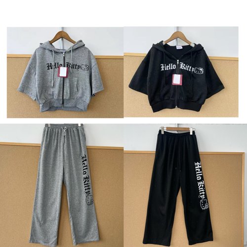 3W-4有亮丝卡通字母印花短袖连帽卫衣松紧腰长裤甜酷风减龄J26-7