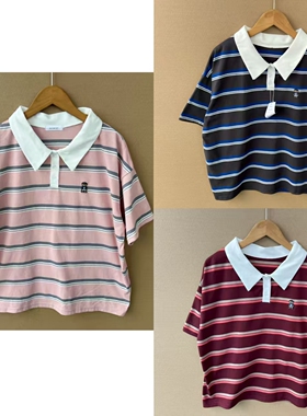 2n1-30韩系减龄学院风polo短袖小刺绣条纹宽松洋气百搭上衣H25-9