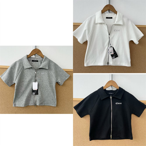 2B-166三色可选韩系字母半拉链POLO领修身短款上衣女T26-5