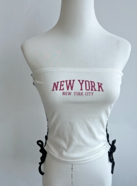 西4-74美式白色背心印花字母辣妹性感一字肩抹胸抽绳上衣潮H25-5