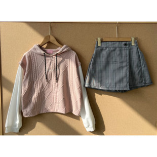 洋气两件套H26 格纹裙裤 58儿童春秋甜美学院风拼接连帽卫衣 2L1