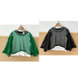 T26 80春夏辣妹风两件套网纱T恤女透气叠穿街头百搭款