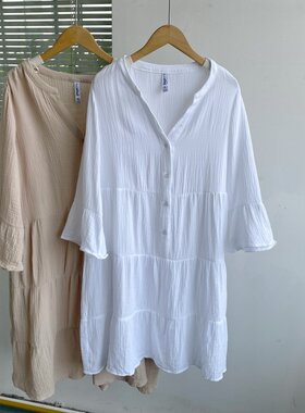2O-9双层棉纱中长袖V领连衣裙宽松纯色百搭复古简约舒适休闲Y25-5