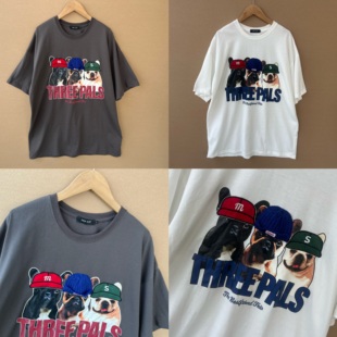 圆领宽松T恤三只狗印花立体帽子设计精致男女上衣Z25 35高货