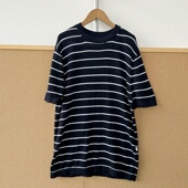 45简约复古丈青白条纹短袖 针织衫 基础款 楼11A 圆领休闲上衣Z26