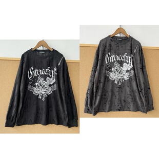 高街小众宽松慵懒显瘦Y26 T恤废土风美式 63设计感破洞长袖 楼8A