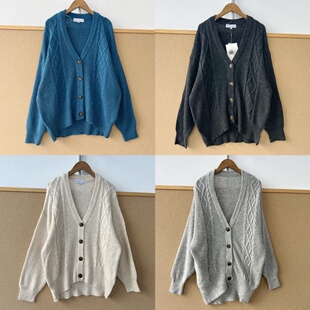南11-93复古麻花V领针织开衫女宽松慵懒不规则下摆纽扣毛衣WH26-9