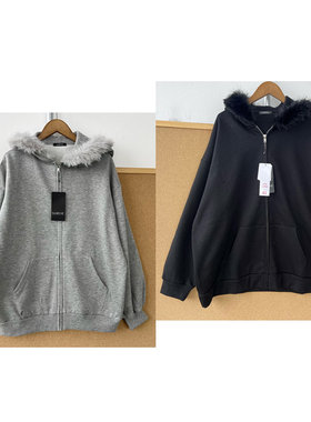 楼11-38春秋加绒毛领连帽卫衣宽松拉链开衫男女同款休闲外套T26-3