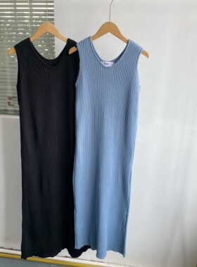 2M-4韩版简约长款圆领无袖修身显瘦高弹性纯色针织连衣裙Z25-5