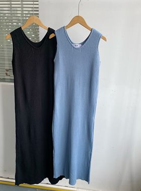 2M-4韩版简约长款圆领无袖修身显瘦高弹性纯色针织连衣裙Z25-5