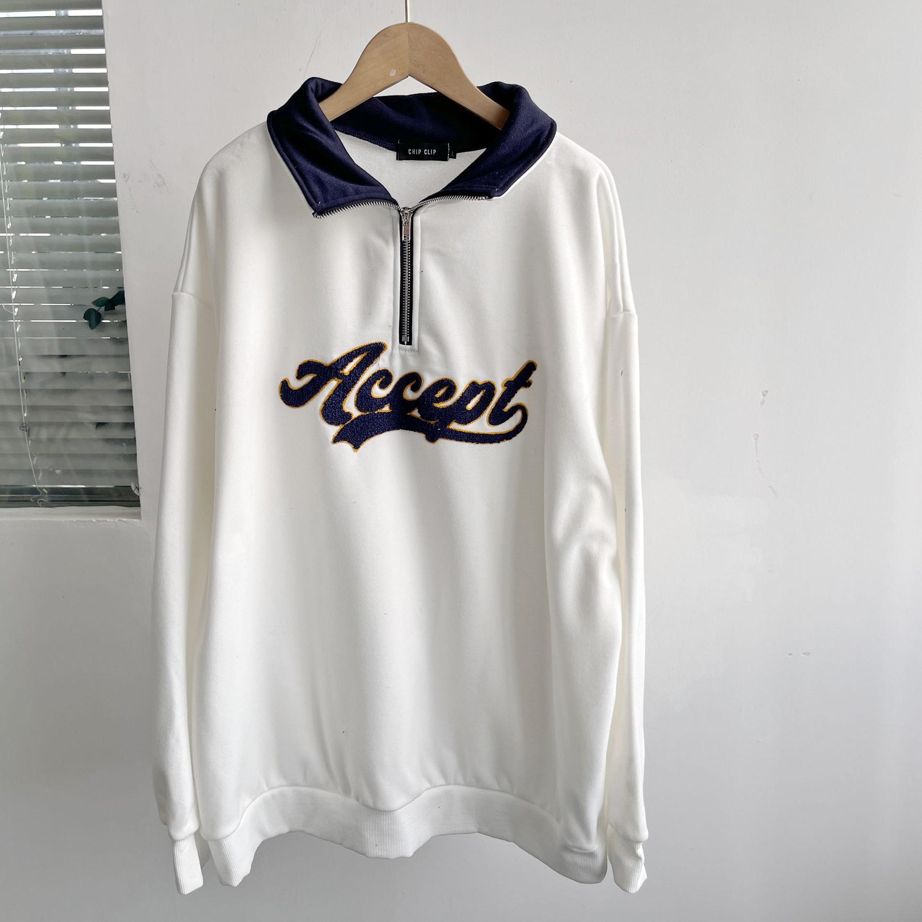 微瑕秋季款撞色半拉链可翻可立领字母刺绣薄绒宽松百搭卫衣H11