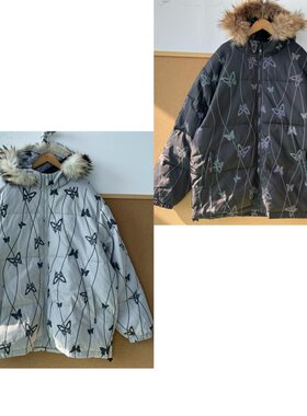 2Z1-3男女同款加厚棉服蝴蝶印花连帽外套拉链慵懒美式复古Y25-11