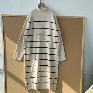 直筒打底Y25 85条纹撞色拼接针织连衣裙半高领慵懒风长袖