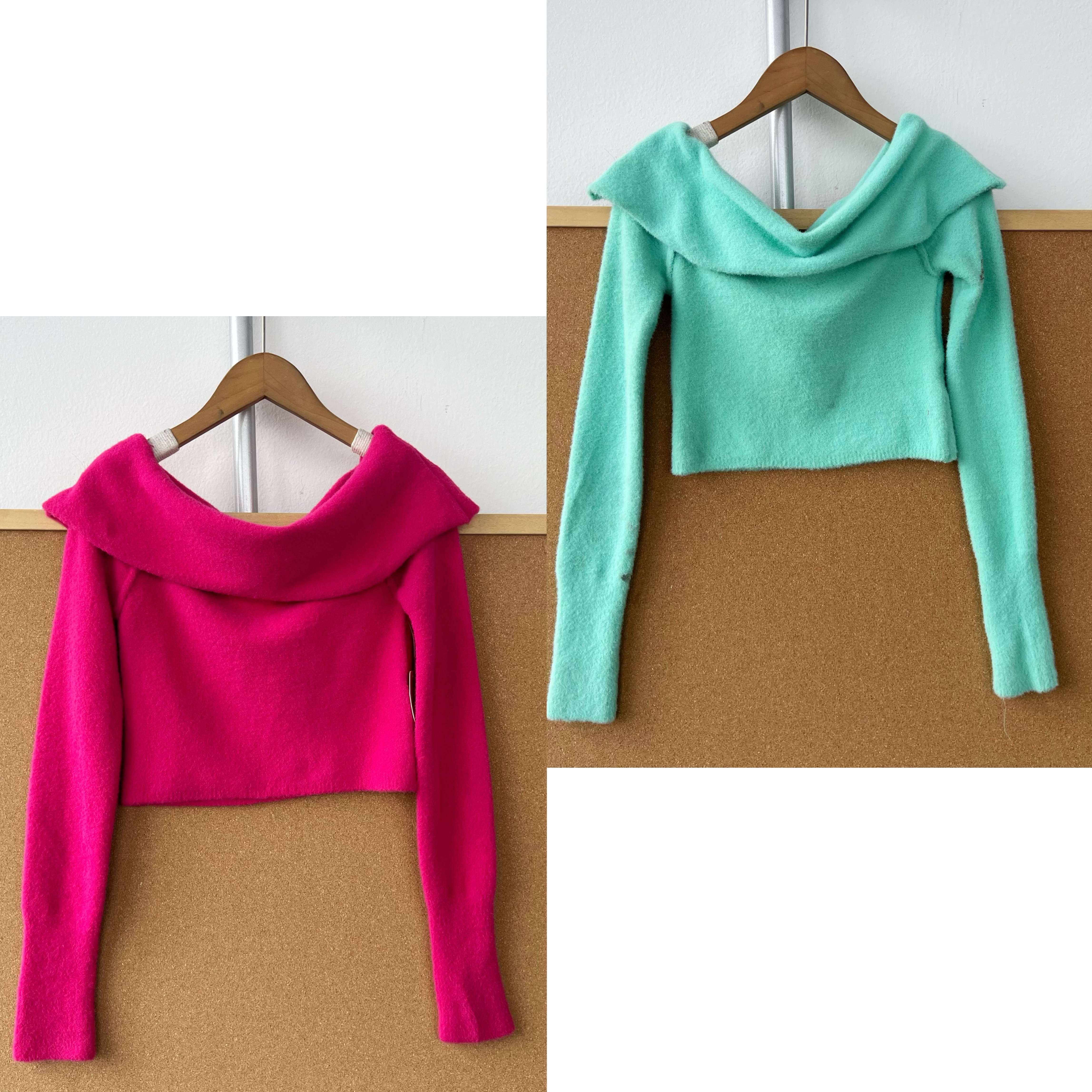 2n-92甜酷辣妹一字肩针织衫秋冬款荧光色露肩修身长袖内搭H25-10