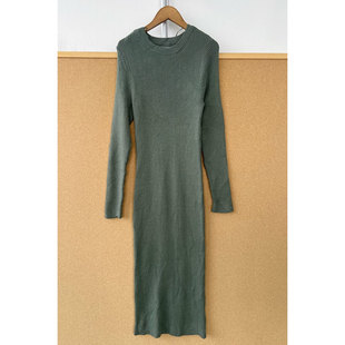 楼7-104春秋墨青色针织长款连衣裙长袖修身显瘦有弹力T26-3