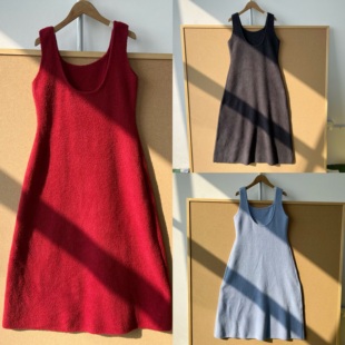 南5-34半边绒秋冬软糯亲肤舒适保暖U领无袖内搭中长款连衣裙H26-1