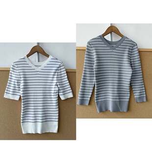 羊1 47弹力V领条纹T恤上衣设计感独特显瘦简约气质百搭韩系Y26