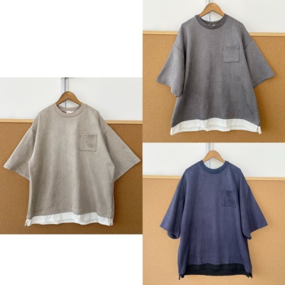 楼10-24夏简约时尚潮流撞色拼接假两件口袋圆领短袖T恤上衣H25-10