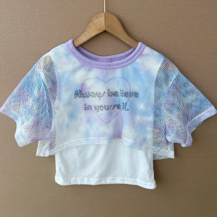 T恤上衣H25 2J1 假两件舒适百搭显瘦短袖 网眼渐变罩衫 28中大童款