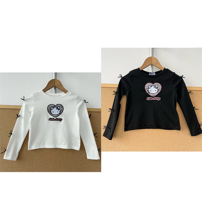3P-12女童可爱猫咪刺绣长袖T恤洋气蝴蝶结修身上衣打底衫T26-4