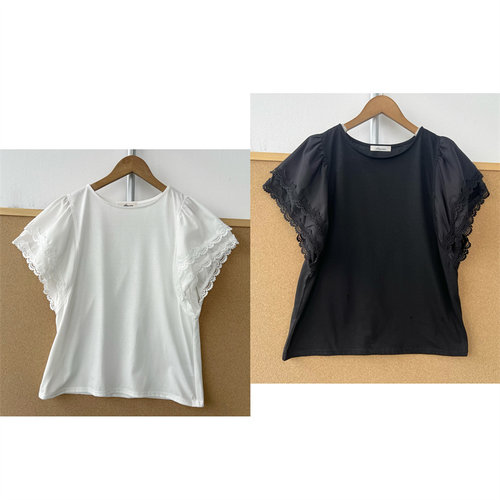楼11-36日单刺绣蕾丝拼接飞袖T恤女夏季百搭短袖上衣T26-3