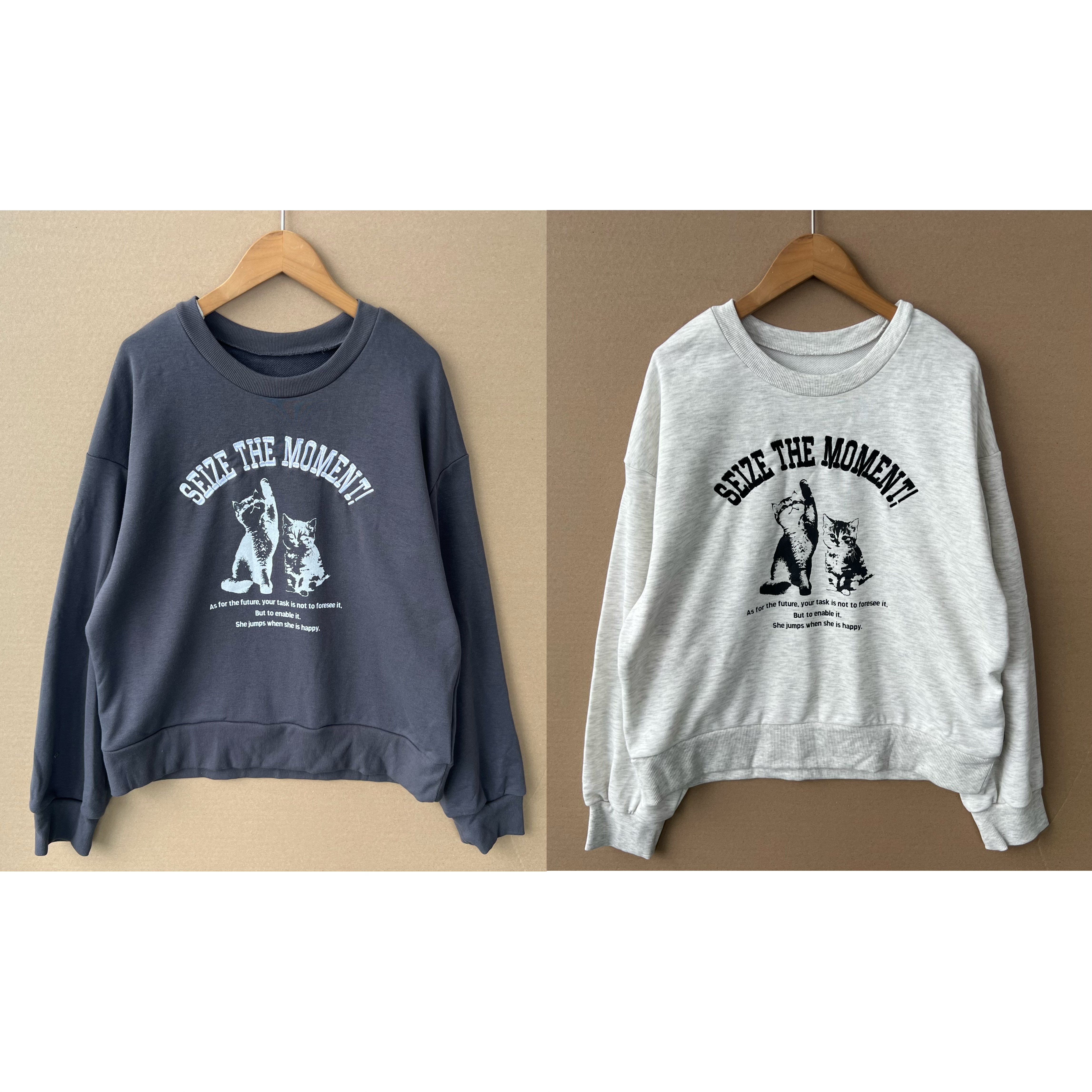 李2-36美式复古猫咪字母印花圆领卫衣初秋款宽松慵懒风长袖H25-9