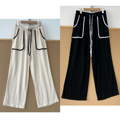 3Q-22舒服凉快撞色口袋抽绳阔腿裤女高腰垂感休闲长裤T26-5