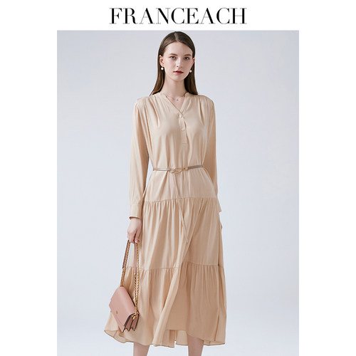 法涵意弛真丝长裙女2025春夏新款法式V领气质年轻款桑蚕丝连衣裙