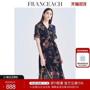 a字裙 桑蚕丝碎花v领法式 法涵意弛重磅真丝连衣裙女2025年春季 新款